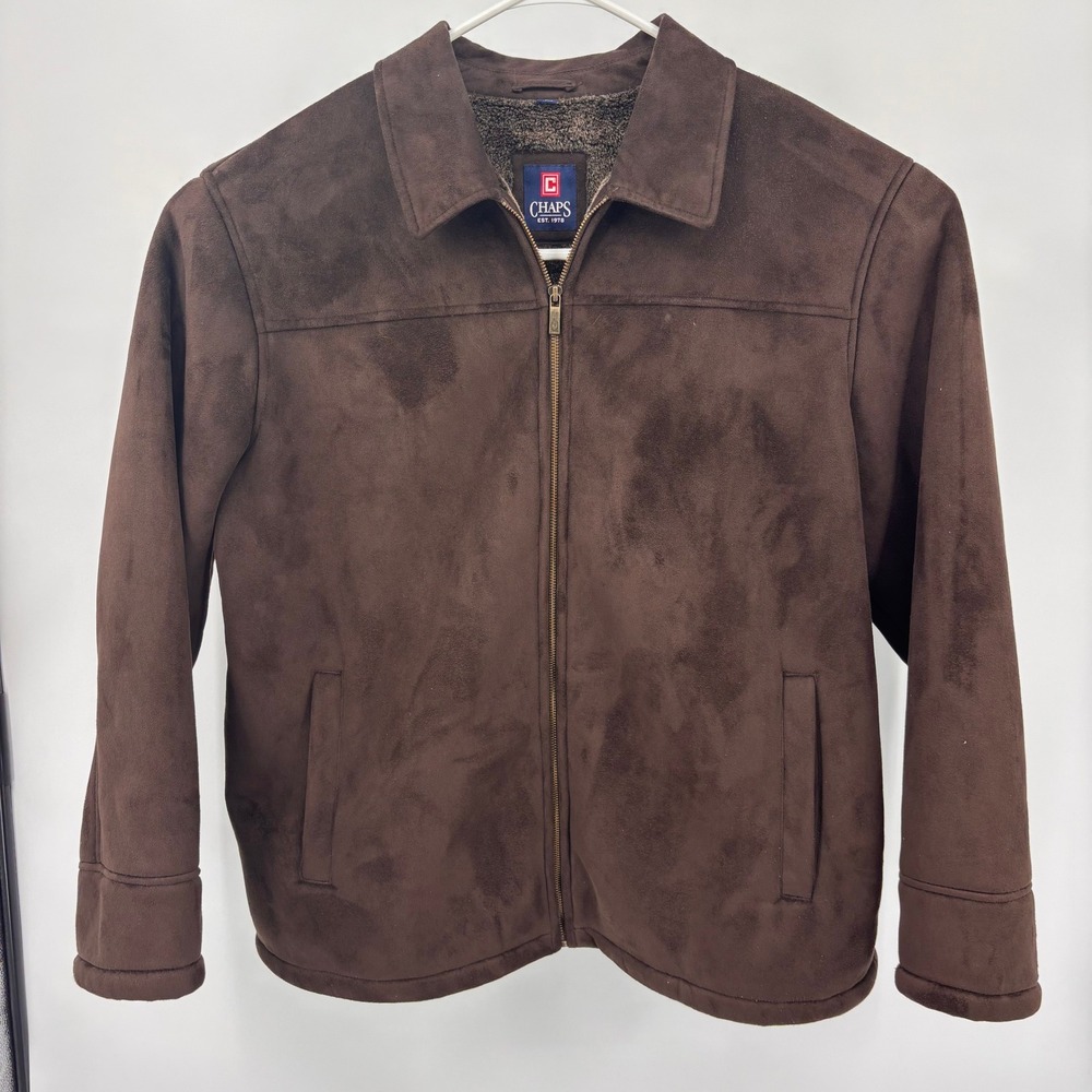 Chaps Faux Suede Jacket Mens XL Brown Excellent Faux Fur Lined Full Zip Coat